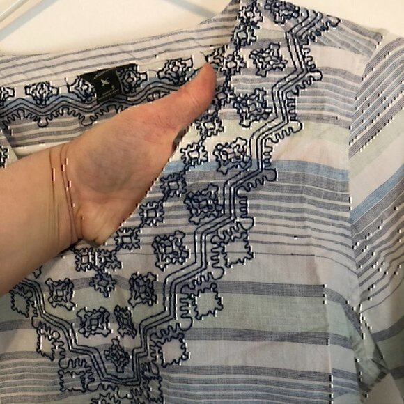 EDDIE BAUER Vista Point Embroidered Tunic White Navy Blue Striped 3/4 Sleeve S - Picture 6 of 9